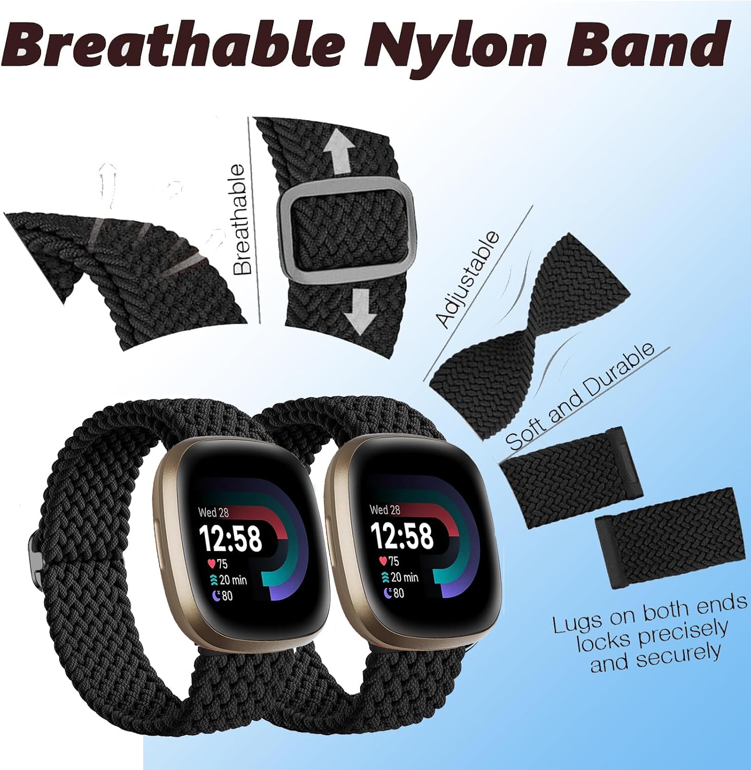 2 Pack Braided Stretchy Band Compatible for Fitbit Sense & Sense 2 Bands / Fitbit Versa 3 & 4 Bands, Classic Soft Breathable Adjustable Sport Smartwatch Replacement Wristband for Women Men (Starlight image 2