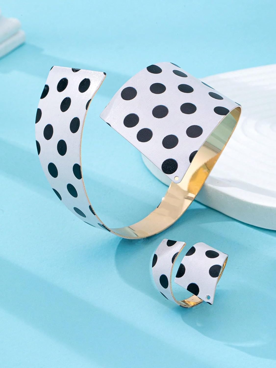 Polka Dot Cuff Bracelet and Ring Set, 2 Pcs Black and White Oversized Open Bangle Retro Vintage Statement Bold Aesthetic Jewelry Gifts image 3