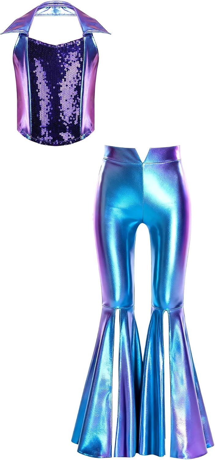 Girls Dance Top Stage Performance Clothes Sets Split Bell-bottom Wide Leg Trousers Party Outfits