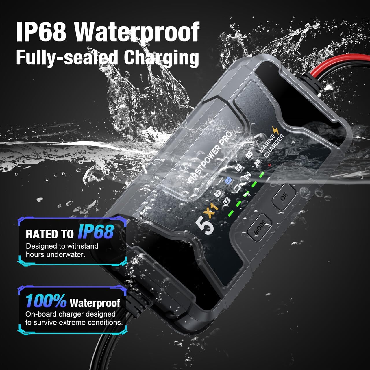 FirstPower Pro Charger showing 3 types of 12V batteries it charges