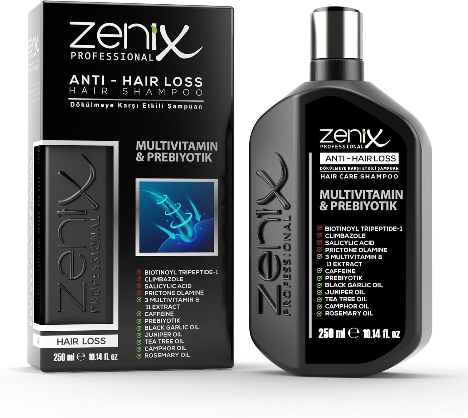 Zenix Professional Anti-Hair Loss Shampoo, 11 Vegetable Extracts & Caffeine, Against Hair Loss and Stimulates Hair Growth