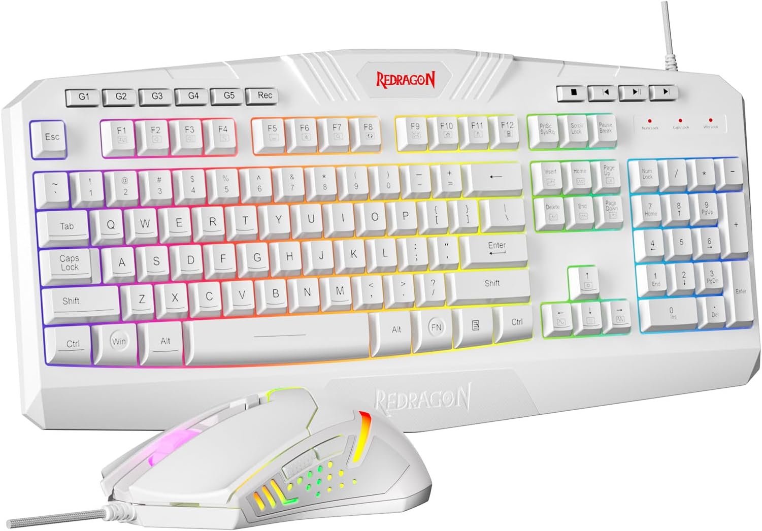 Redragon S101 Wired Gaming Keyboard and Mouse Combo RGB Backlit Gaming Keyboard with Multimedia Keys Wrist Rest and Red Backlit Gaming Mouse 3200 DPI for Windows PC Gamers (White)