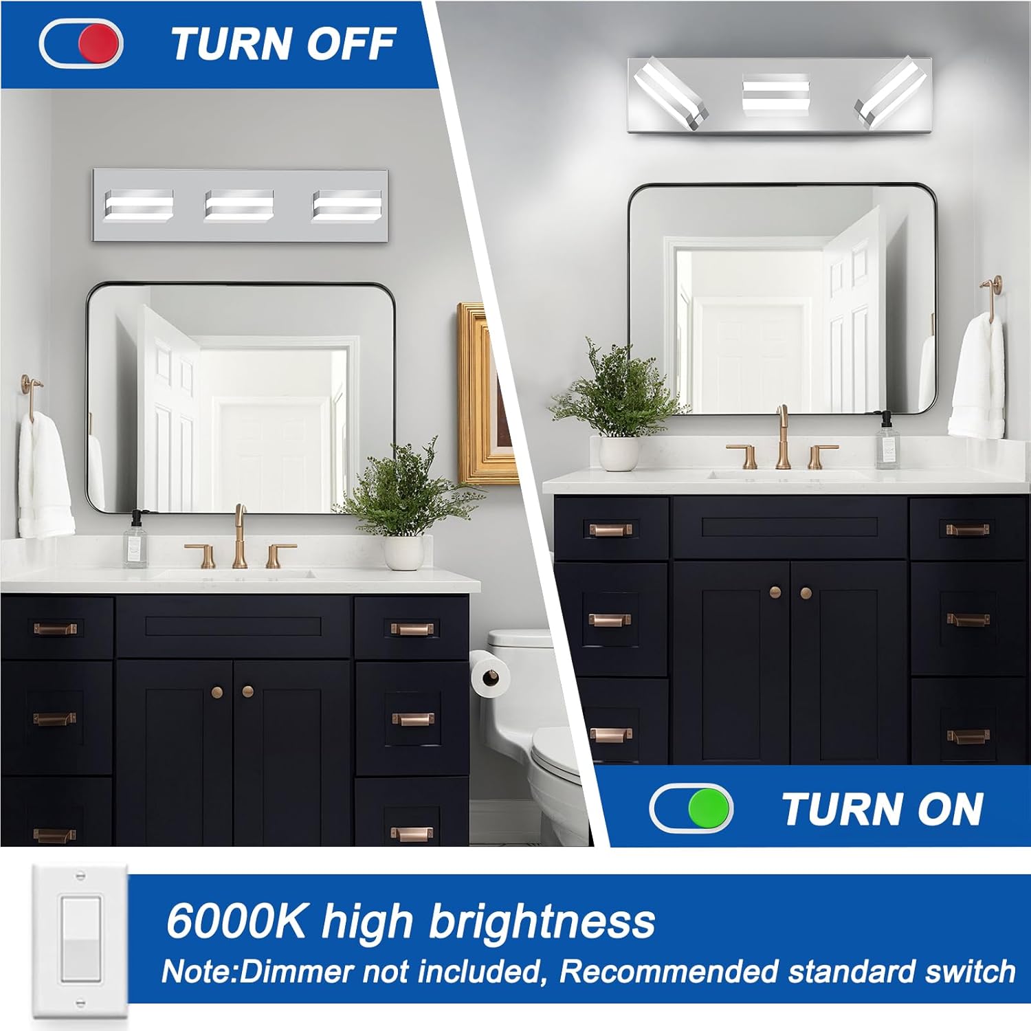 IZORRO LED Modern Bathroom Lights Fixtures(3-Light,Dimmable,360°Rotate),Chrome Acrylic Wall Lighting,Vanity Lights for Bathroom Over Mirror - 6000k 16In （No Assembly Required）