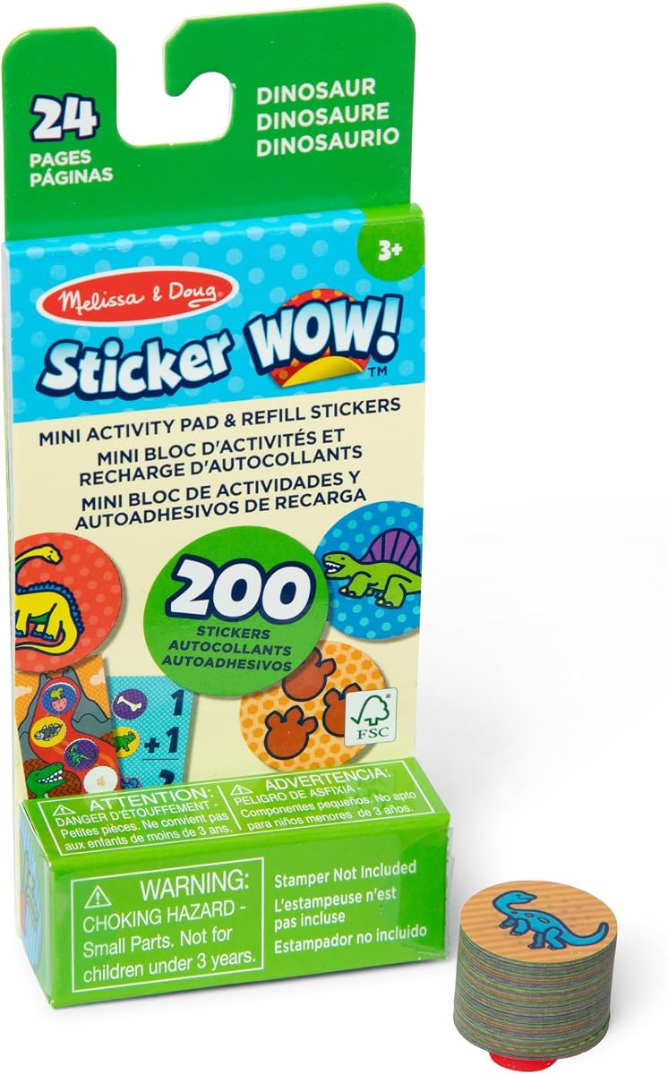 Melissa & Doug Sticker Wow!™ Mini almohadilla de actividades y más de 200 pegatinas de repuesto para estampador de pegatinas Artes y manualidades Fidget Toy Coleccionables - Pegatinas de dinosaurios