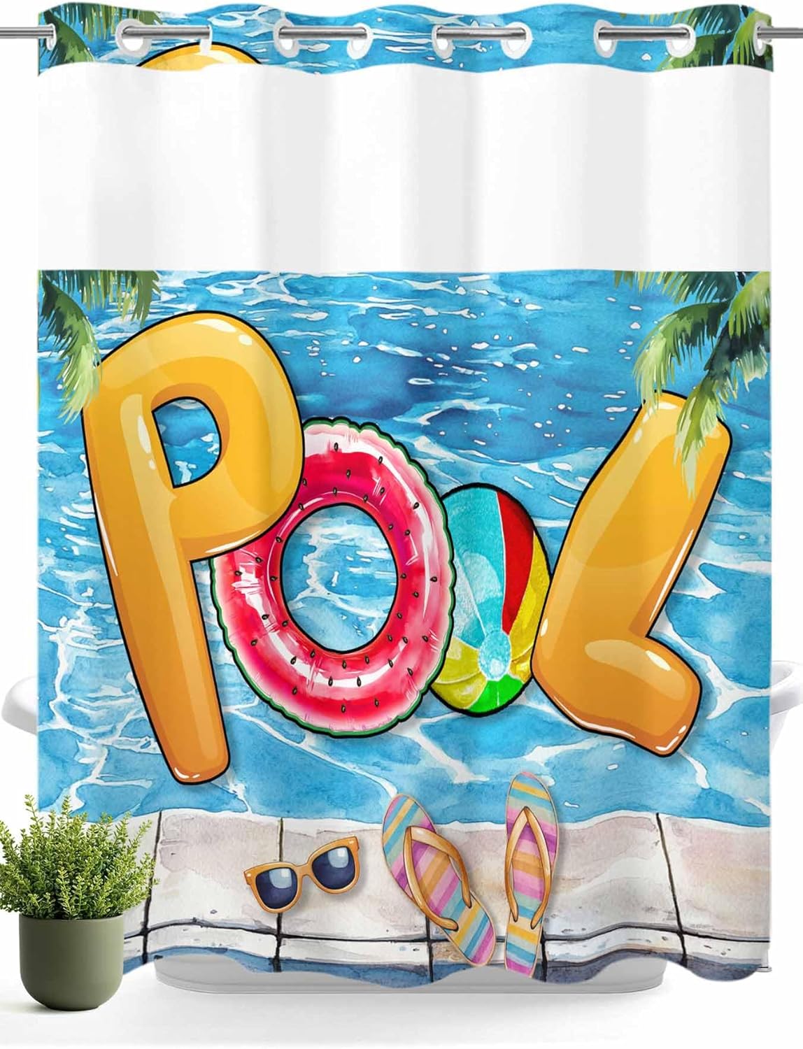 No Hooks Shower Curtain and Snap-in Liner Sets 60"x72",Summer Vacation Swimming Pool Waterproof Fabric Bath Curtain Double Layers Shower Curtains for Bathroom Hotel,Sunglasses Slippers Palm Tree