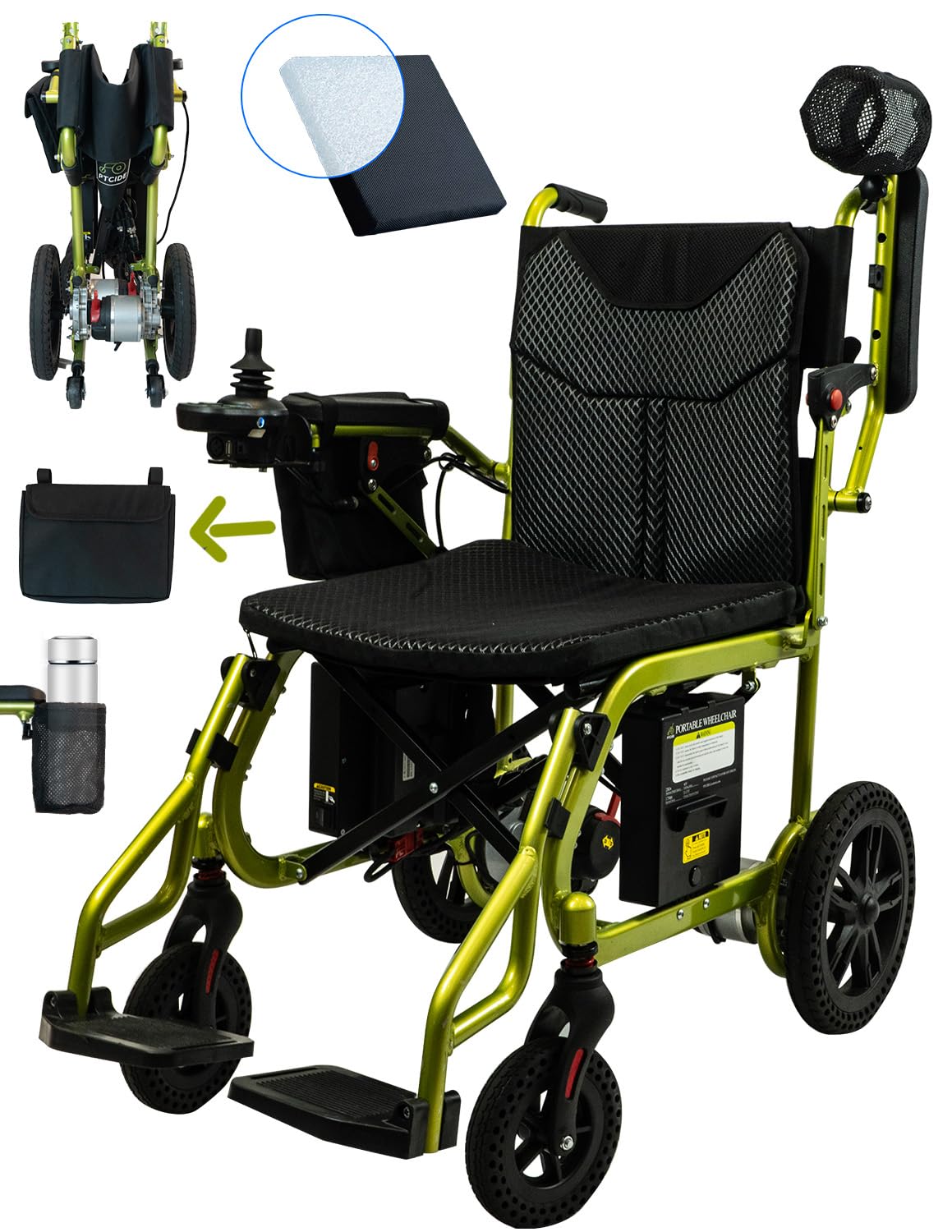 40 Miles Travel Range Lightweight Electric Wheelchair with Two 10Ah Batteries, Foldable & Portable Motorized Wheelchair with Cup Holder, Bag, Extra Air Fiber Cushion for Power Wheelchair, Green