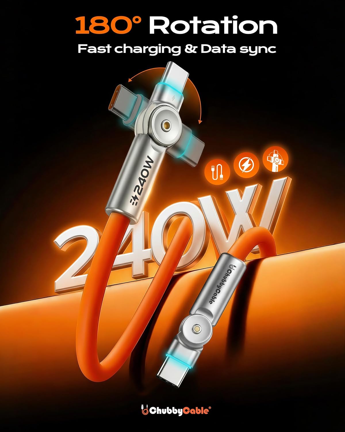 chubbycable Chubby RotateX 240W Dual 180° Rotating Fast Charging Cable with LED Light Soft Silicone USB C Cable Extra Thick Durable Charger Cord, Orange, 6.6ft