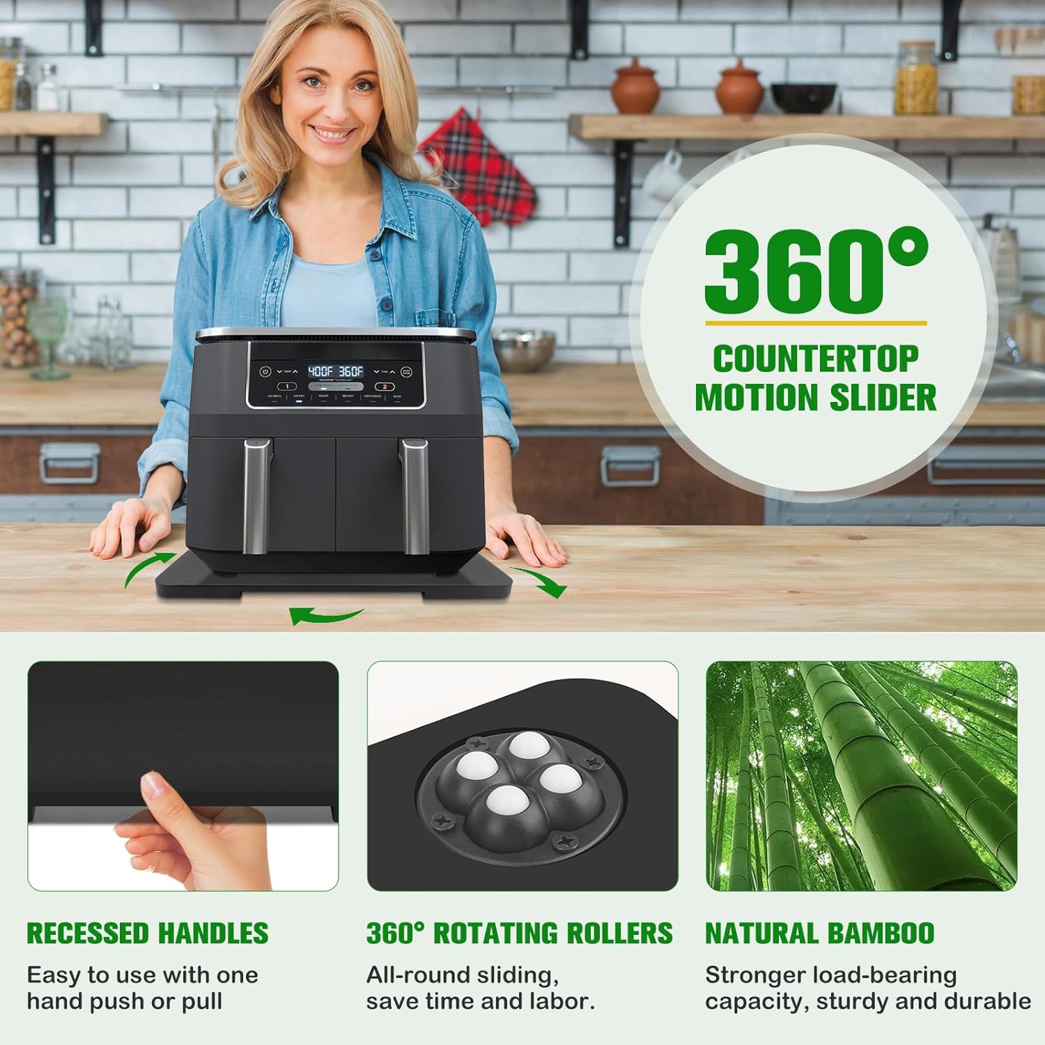 Appliance Slider 360° Rolling Tray for Coffee Maker Bamboo Coffee Pot Slider Tray for Countertop Rotation Sliding Tray with Wheels, Appliances Mat Easily from Under The Cabinet Black(15.7"×13")