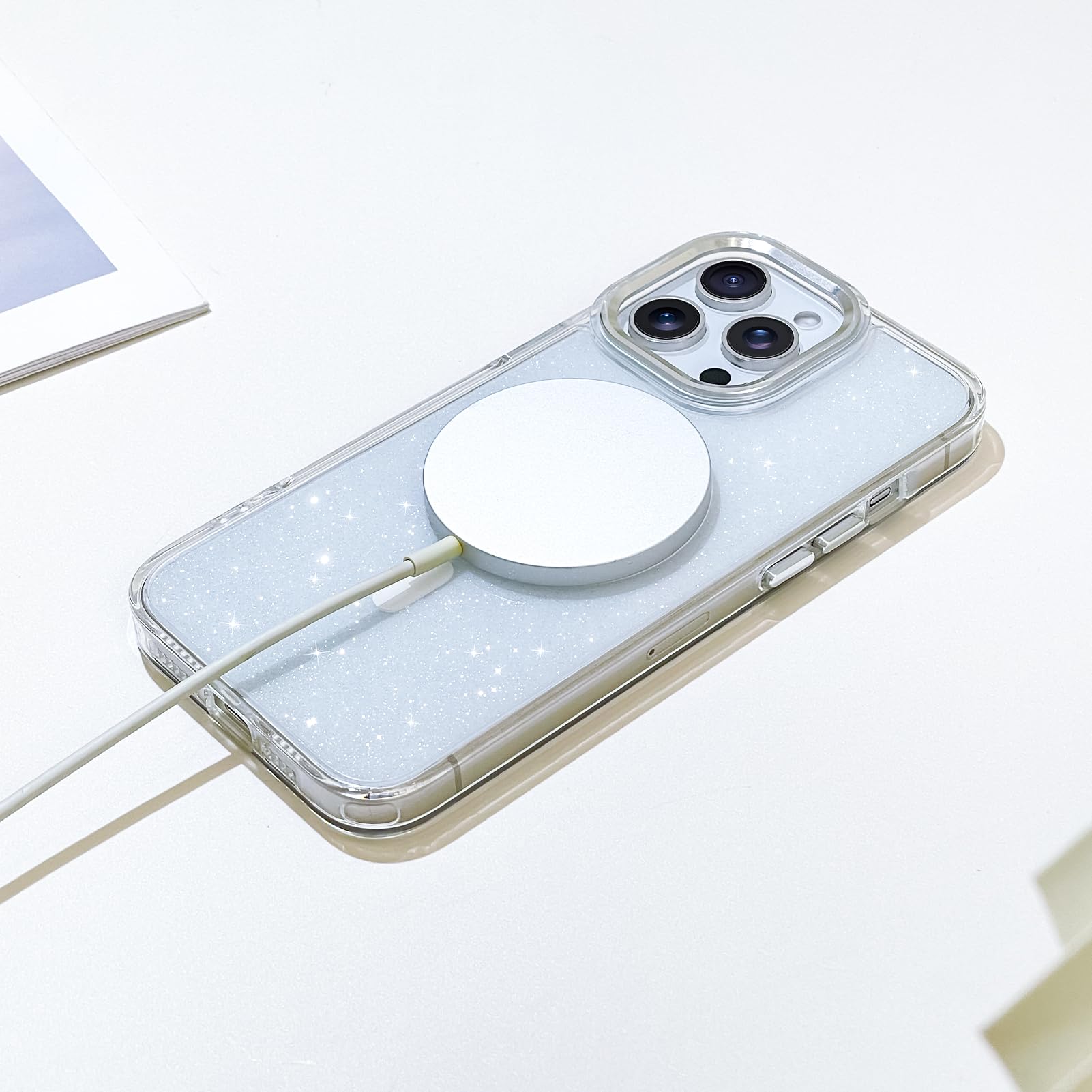 SAKUULO Funda magnética para iPhone 14 Pro MAX Compatible con Magsafe, Brillante con Cristal Iridiscente láser Brillante, a Prueba de Golpes, Funda Protectora para Mujeres y Hombres, Color Blanco