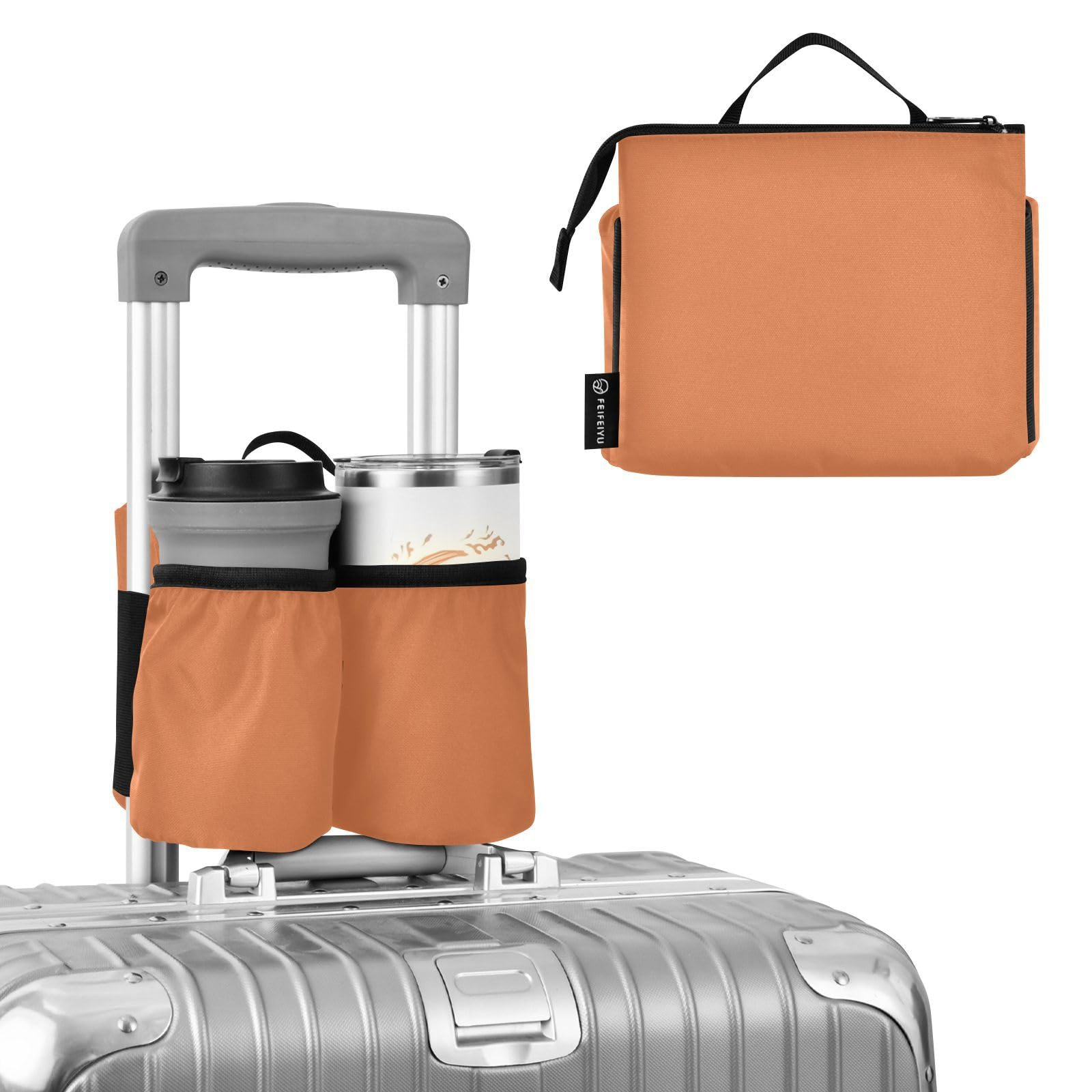 DOMIKING Orange Travel Luggage Cup Holder for Suitcase Free Hands Drink Carrier with Storage Pockets for Coffee Mugs Bottles