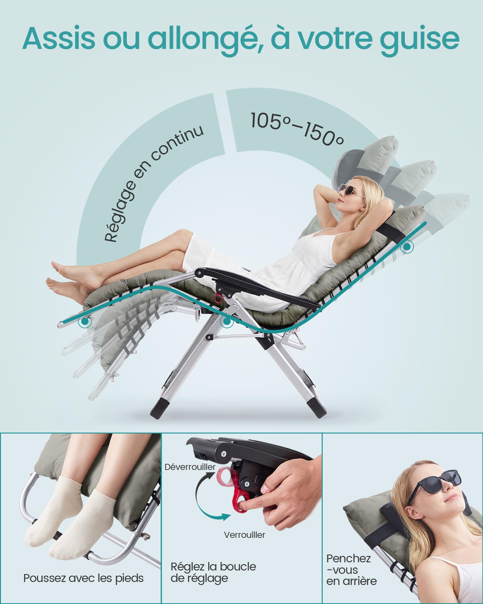 SONGMICS Chaise Longue Pliante, Chaise de Gravité Zéro avec Coussin Amovible, Structure en Acier, Supporte Jusqu'à 110 kg, Appui-Tête Réglable, Sac, Plateau, pour Jardin, Balcon, Gris Clair GLB040GZ04