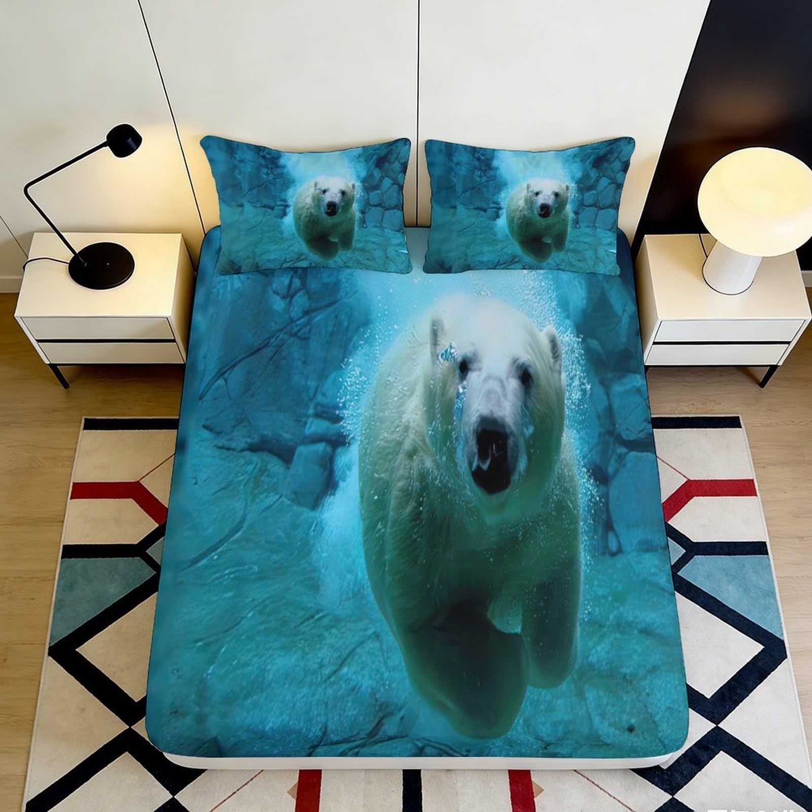3D Printed Polar Bear Fitted Sheet Microfiber Soft Breathable Arctic Animal Bed Cover for Bedroom Dormitory Guest Room Mattress Protection Decor 200x200x25cm
