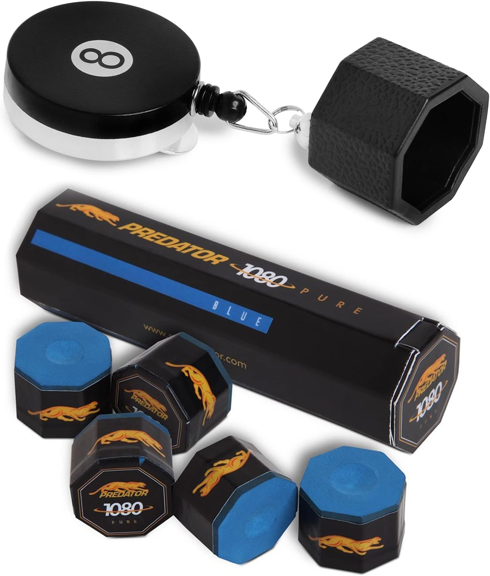 Retractable Octagon 8-Ball Chalker Billiard Pool Cue Chalk Holder with Belt Clip Black + 1 tube/5pcs of Predator Chalk