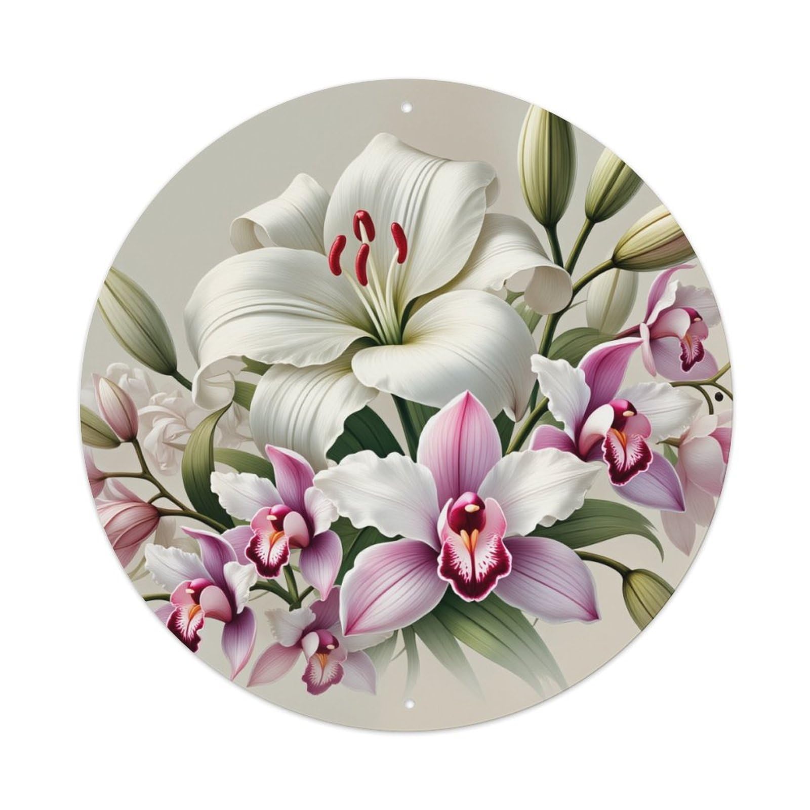 Floral Orchid Lily Pattern Print Round Tin Sign Vintage Metal Sign Home Bar Garden Indoor & Outdoor Wall Decor Retro Metal Poster 8x8 Inch