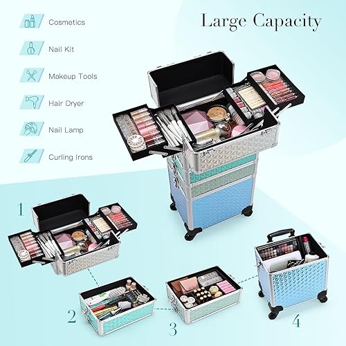 Vista 32 de Adazzo Maleta de maquillaje 4 en 1 con ruedas para cosméticos, caja de tecnología de uñas para artistas de maquillaje, estilistas, estuche de Negro