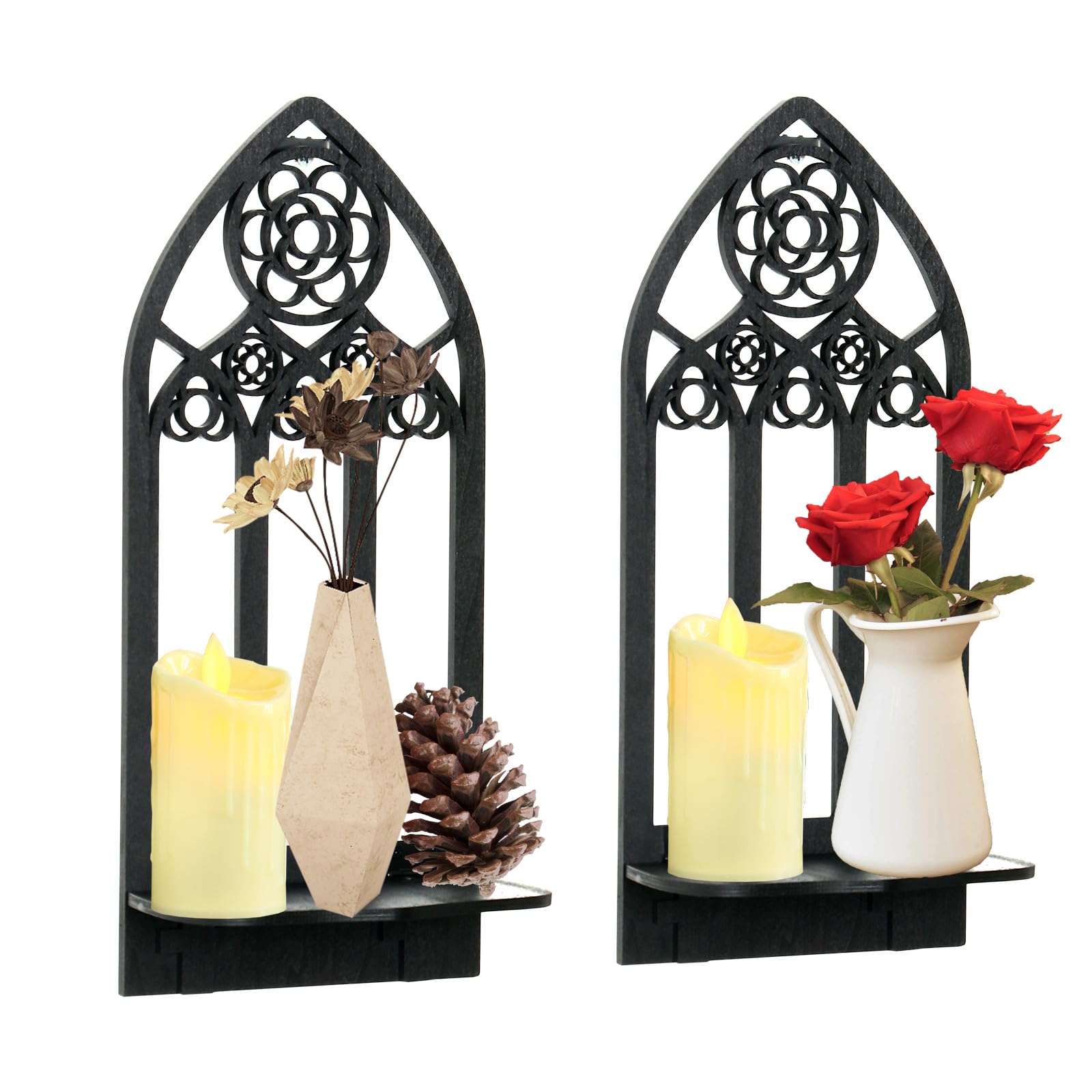 Zzbakress 2 Pcs Gothic Sconces Wall Decor - Black Goth Arched Church Wall Art Gothic Home Decor for Living Room, Kitchen, Dining Room (Elegant)
