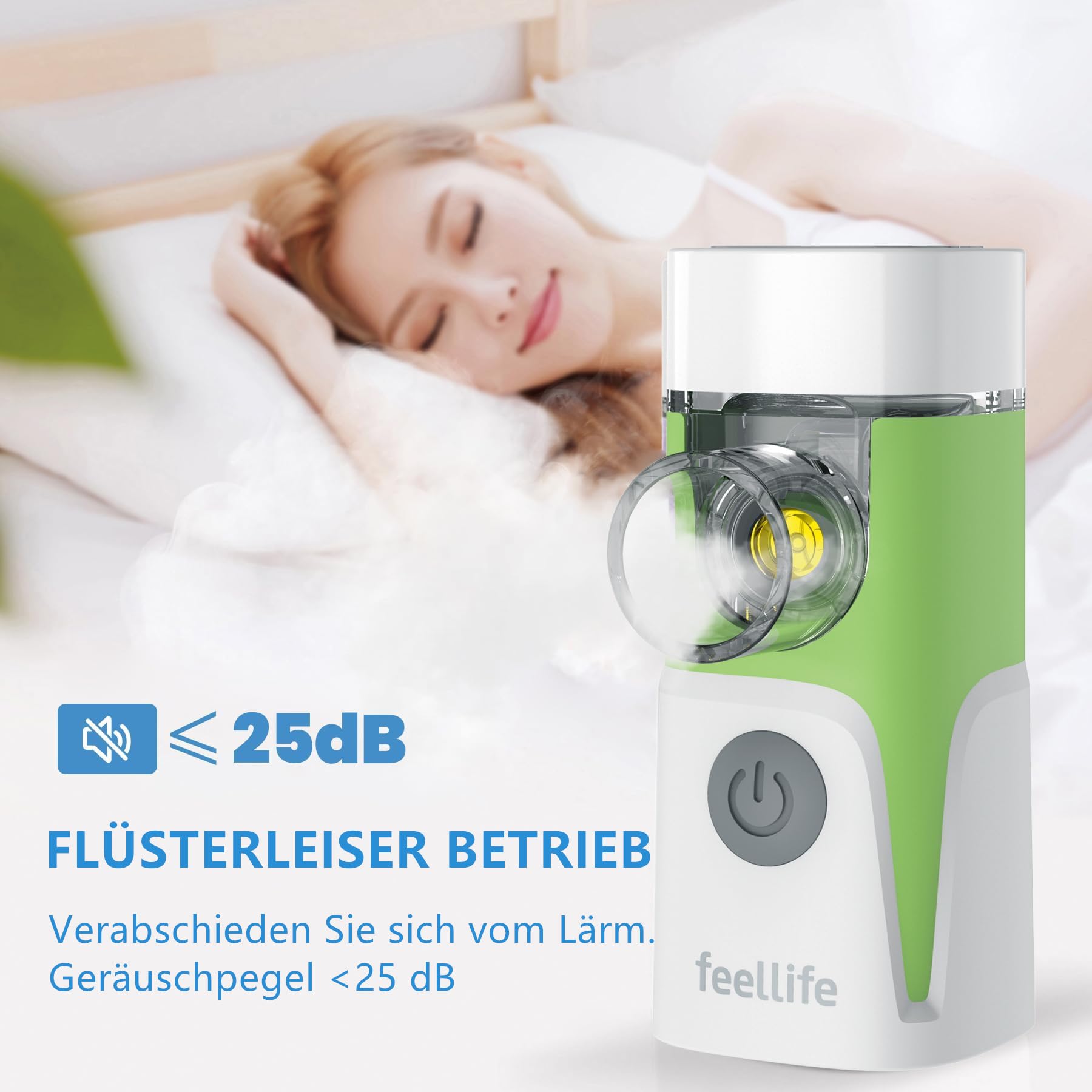 FEELLIFE Inhaliergeräte für Erwachsene, Inhalationsgerät, Vernebler Inhaliergerät, Inhalator Inhaliergerät Erwachsene Baby Kinder Deutscher KI-Chip Leiser Zerstäuber Airpro Go (Grün)