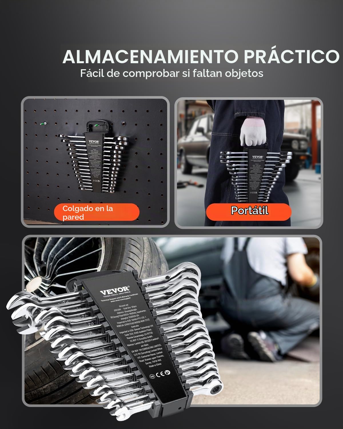 VEVOR 30 PCS Juego de Llaves Combinadas, Juego de Llaves de Trinquete con Estante Organizador, Juego de Llaves Mediano SAE de 1/4" a 1" y Métricas de 8 mm a 24 mm para Reparaciones de Automóviles
