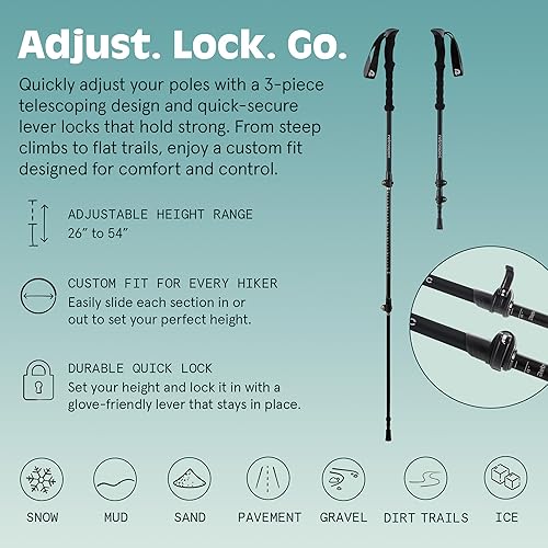 Miniatura 9 de Retrospec Solstice - Bastones de senderismo y esquí para hombres y mujeres, de aluminio con agarre de corcho o espuma, ajustables y plegables,