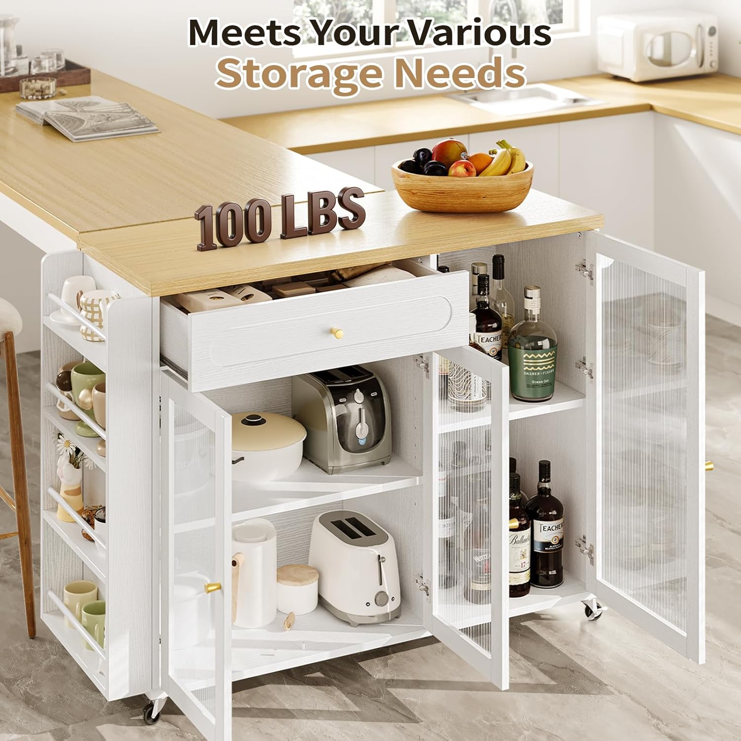 Kitchen Island with Power Outlet - Kitchen Cart on Wheels with Storage Cabinets & Drawers, Rolling Island Table with Spice & Towel Rack, Portable Islands with Large Wood Counter, Dinning Room