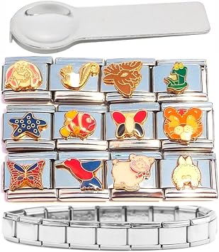 Set of 12 Animal Italian Charms Plus Starter Bracelet and Charm Tool - Bunny Rabbit Butterfly Lion Fish Bird Deer Pig and More - Standard 9mm Links