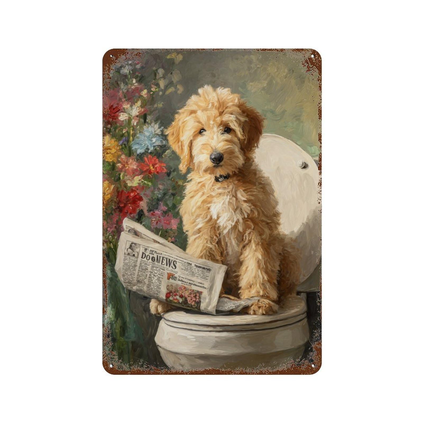 Golden Retriever Reading Newspaper on Toilet Rusty Metal Tin Sign 11.8"x7.9", Rustic Home Decor for Garage, Pub Or Kitchen