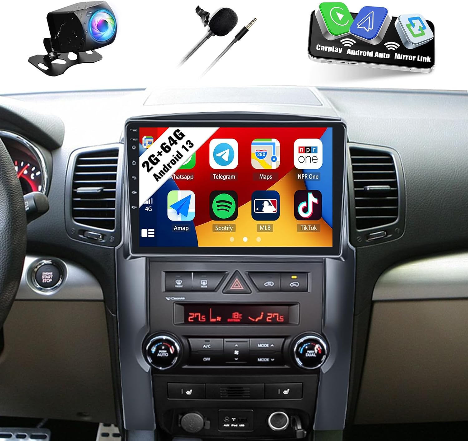 SIXWIN Android Car Stereo for KIA Sorento 2009 2010 2011 2012 2013 with Wireless CarPlay Android Auto Mirror Link 2G+64G 10.1 Inch Touchscreen Bluetooth GPS Navigation WiFi FM Backup Camera MIC