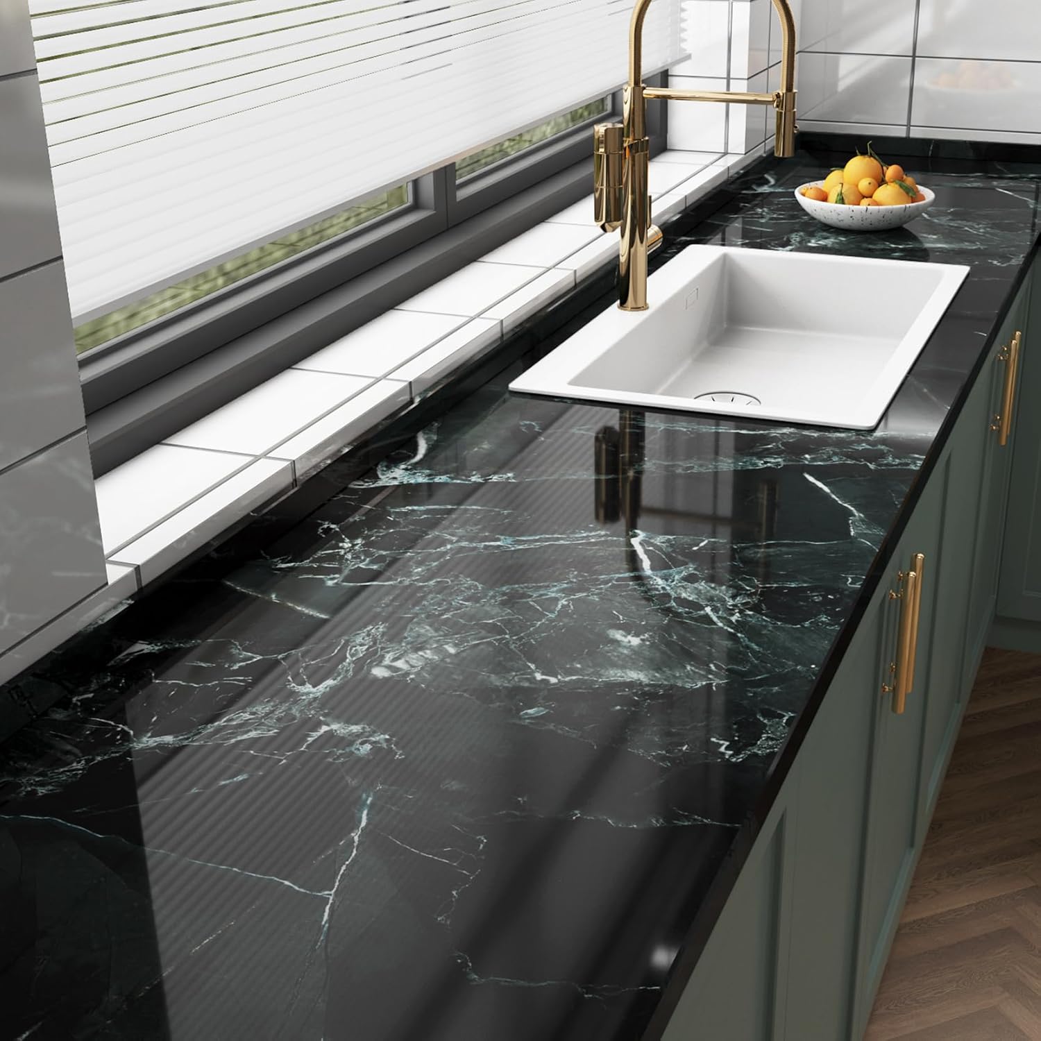ReWallpaper Black Marble Wallpaper Peel and Stick Countertops Waterproof Contact Paper for Bathroom 17.7inX23ft Countertop Self Adhesive Covering Green Marble Wall Paper for Kitchen Cabinets Counter