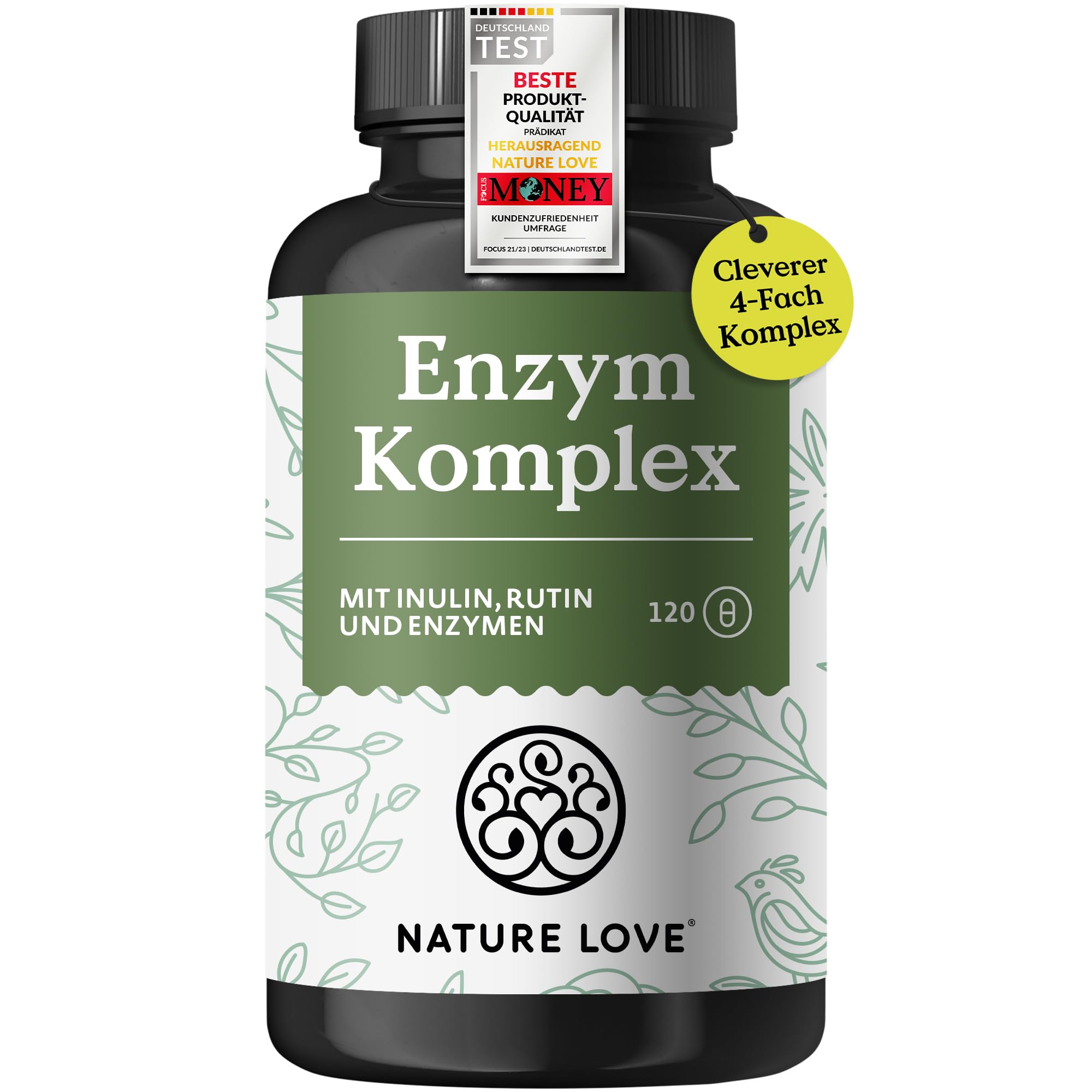 NATURE LOVE® Enzym Komplex - 120 Kapseln - inkl. Lipase & α-Amylase | mit Bromelain, Rutin, Cellulase und Inulin - Verdauungsenzyme (Digestive Enzyme) im 4 Monatsvorrat - vegan, laborgeprüft