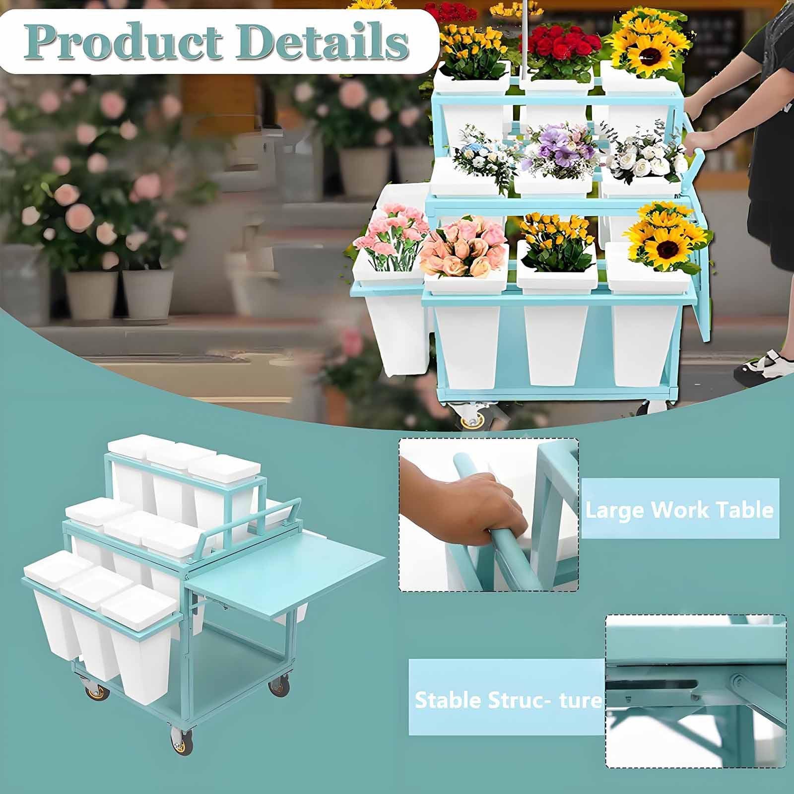 Este Soporte metálico para exhibición de Flores al Aire Libre con Soporte para Flores con 18 Cubos, Carrito de exhibición de Flores con Ruedas, Carrito de Flores para floristería, Patio y ja