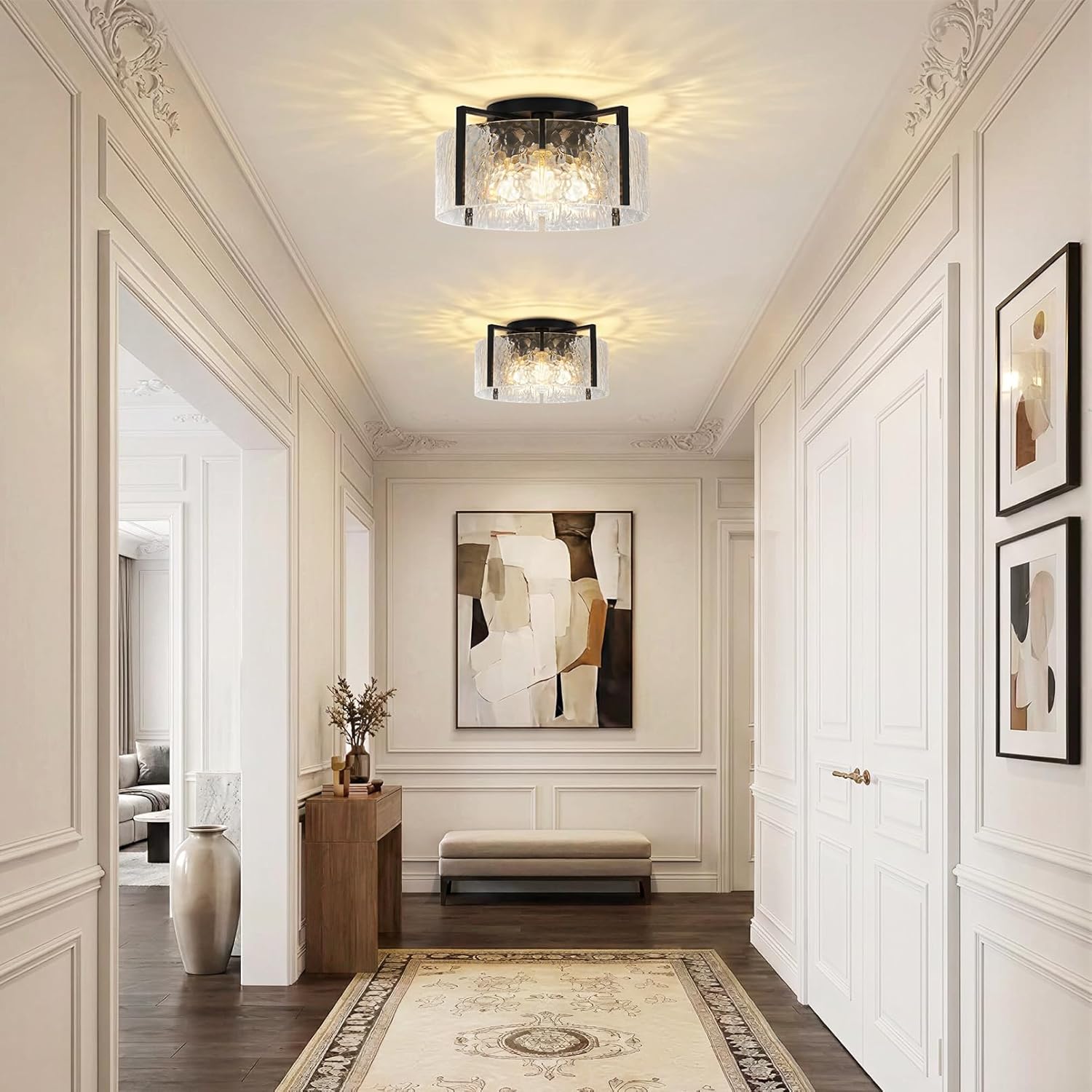 16" Black Semi-Flush Mount Ceiling Light, 4-Light Modern Hammered Glass Drum Fixture, Dimmable E26 Socket, Indoor Lighting for Bedroom Hallway Entryway Kitchen Foyer Living Room Laundry Decor