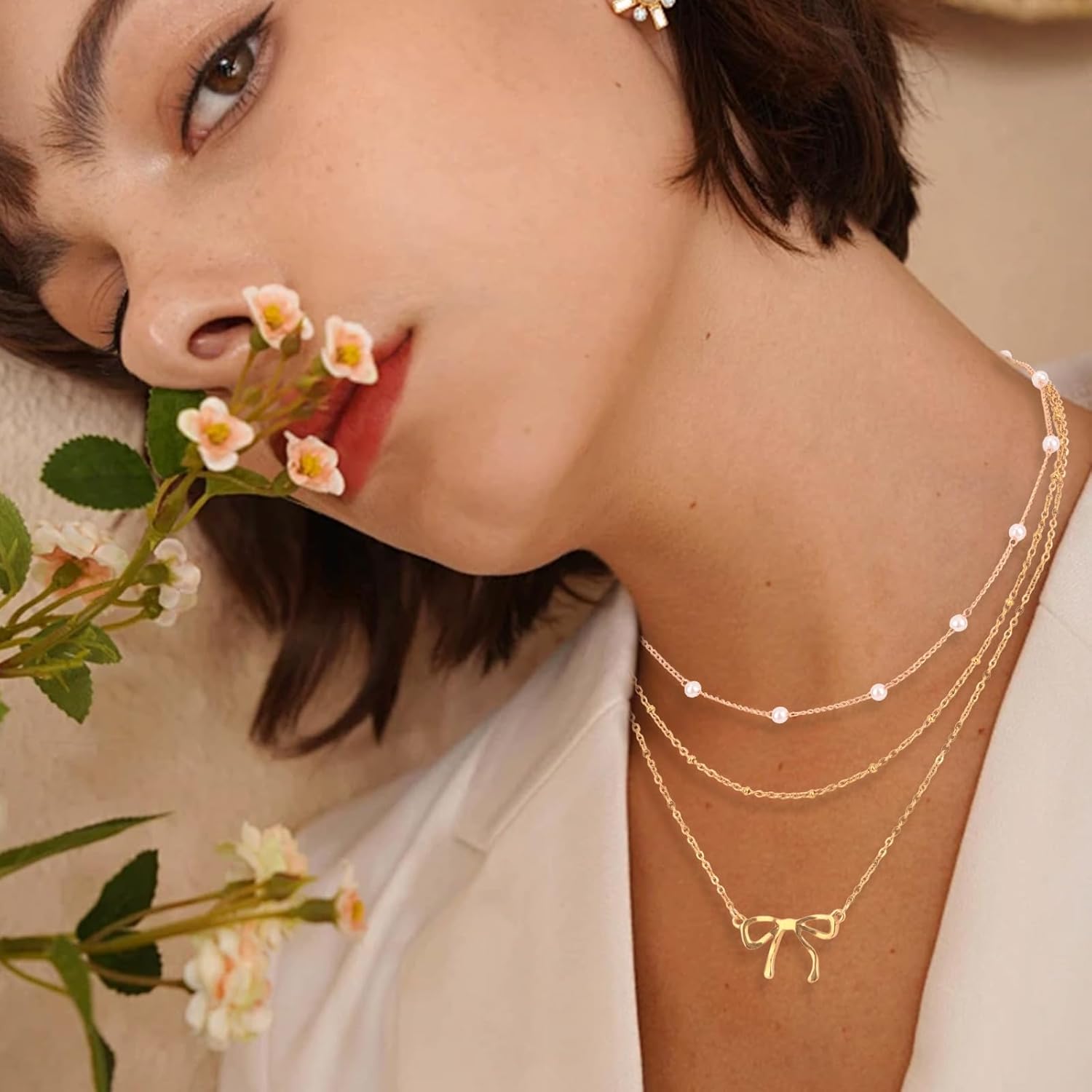 3Pcs Gold Necklace for Women, Bow Necklace Pearl Choker 14K Plated Layered Gold Necklaces Stack Chain Dainty Cute Trendy Women's Jewelry Gifts - Image 7