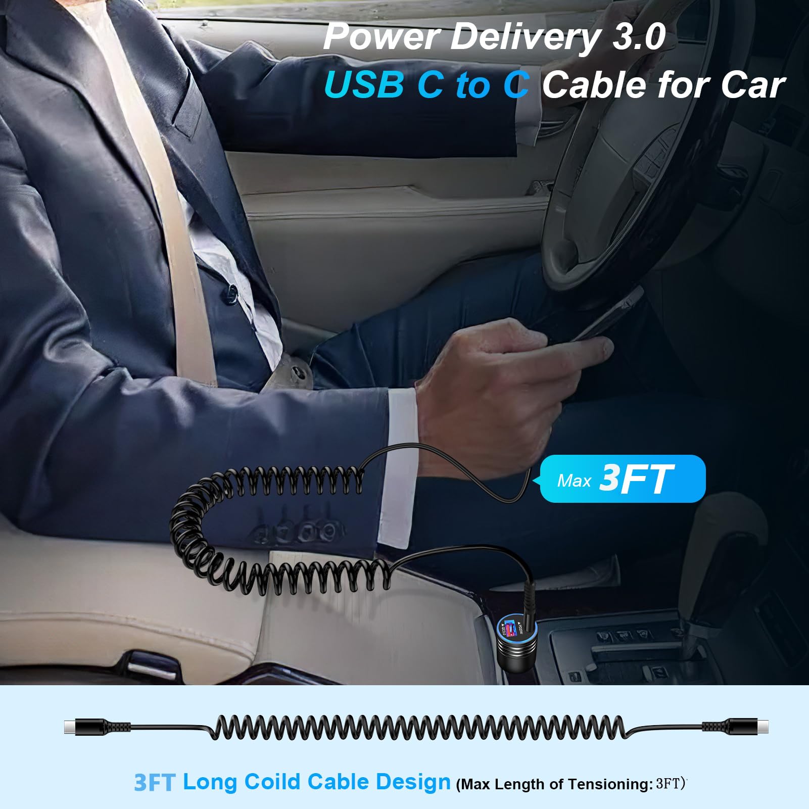 Android Auto USB C a USB C cavo 0,9 m tipo C ricarica rapida a spirale Samsung caricabatterie per auto per Samsung Galaxy S25 Edge S24 Ultra A56 A16 A35 A54 A14 A53 A13 S23, iPhone 16e 16 15, Pixel 9a