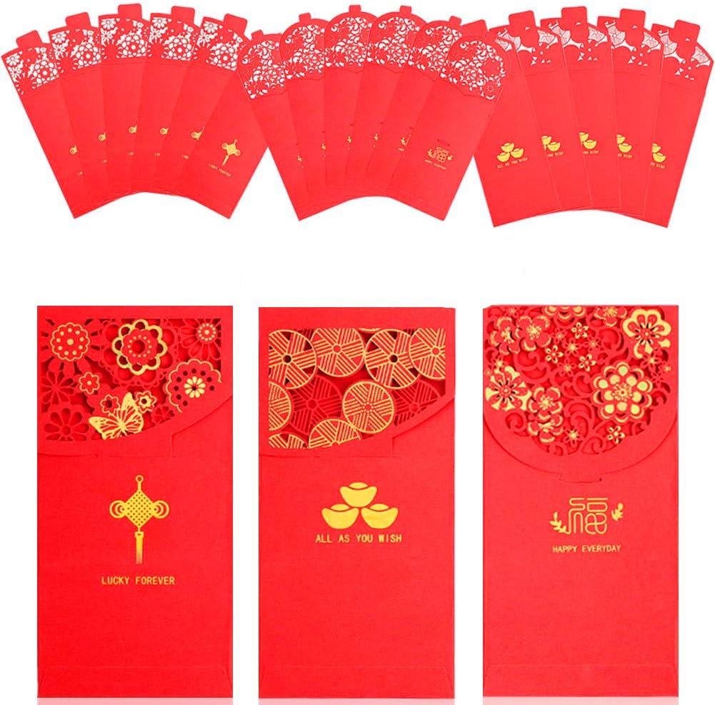 Chinese New Year Red Envelopes Lucky Money Pockets HongBao for Spring Festival, New Year, Birthday, Wedding, Bussiness Occasion (18 pcs/set)