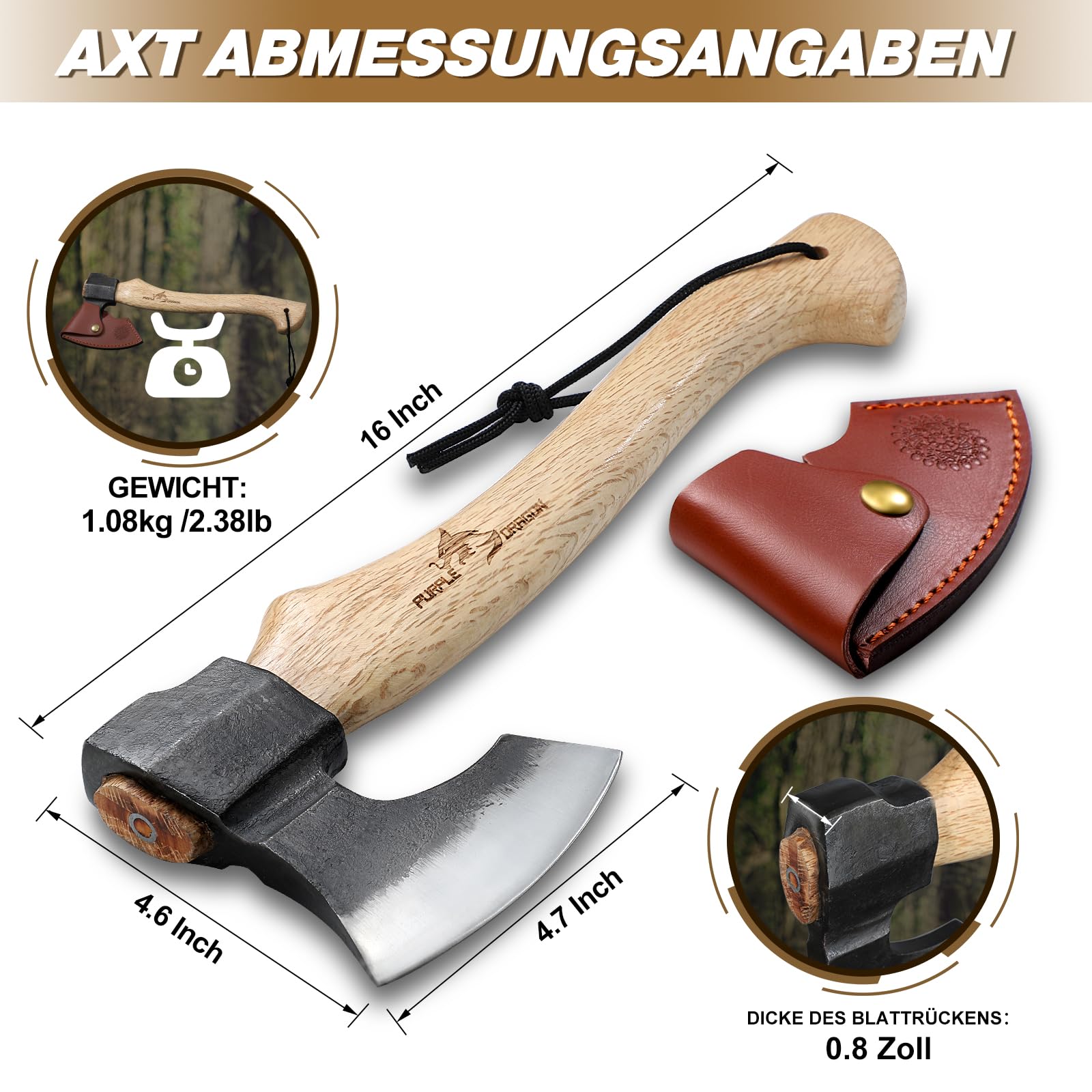 Purple Dragon Beil Axt Outdoor - mit Scheide, Äxte Holz Spalten 40cm Spaltaxt für Holz, Handgeschmiedet Handbeil Kuhfuß, Bushcraft Axt Holzgriff, Camping Äxte Geschenk für Männer