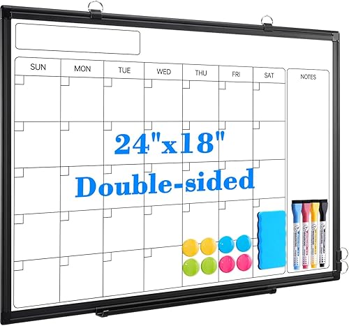 Vista 11 de Calendario mensual pizarra blanca de borrado en seco para pared, calendario magnético de 24 x 18 pulgadas, pizarra blanca de doble cara para Marco