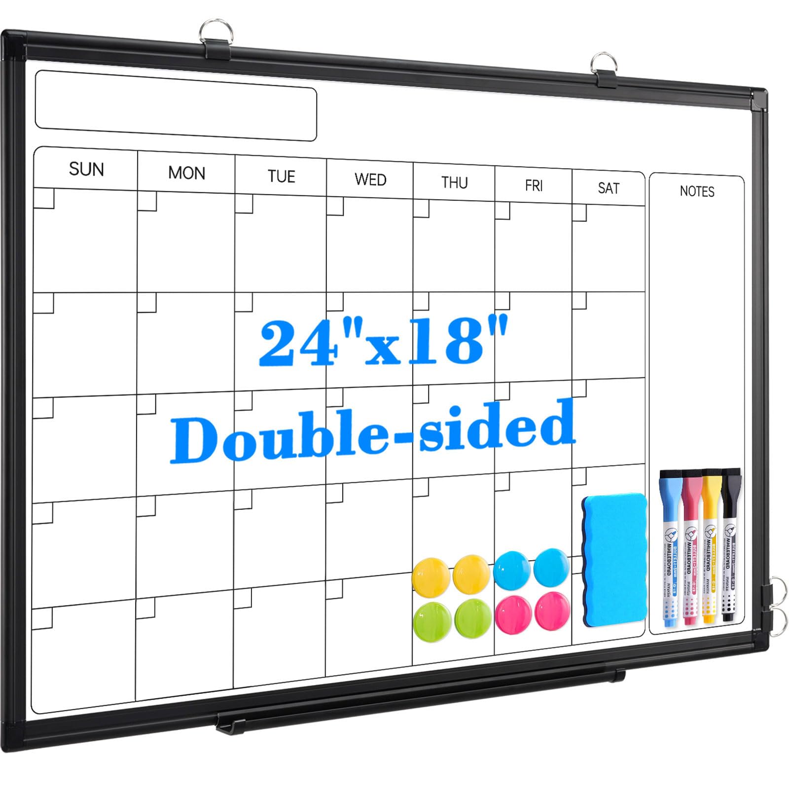 Calendar Whiteboard 24x18 Double-Sided Dry Erase Board for Wall, Black