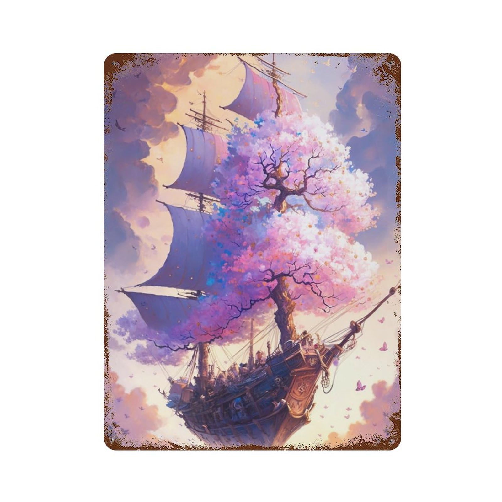 Fantasy Sailing Ship with Cherry Blossoms Retro Metal Sign 15.7"x11.8", Ideal for Basement, Hobby Room And Garage Decor