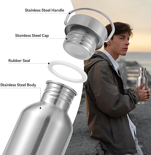 Miniatura 6 de Volhoply Paquete de 4 botellas de agua de acero inoxidable reutilizables de pared única sin aislar de 26 oz, botellas de agua con asa, libres de BPA