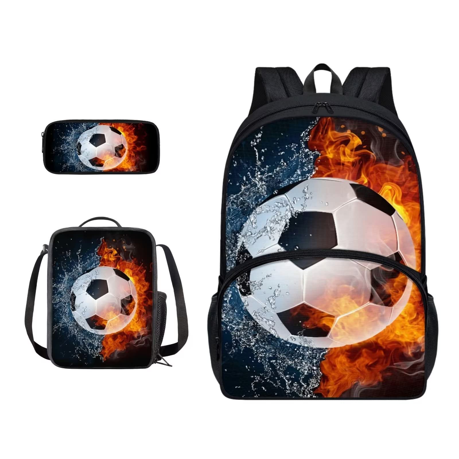 Poceacles Schultasche und Lunchbox-Set für Teenager, Jungen, Grundschule, Büchertasche, Federmäppchen für Grundschulkinder, Water Fire Soccer, Einheitsgröße