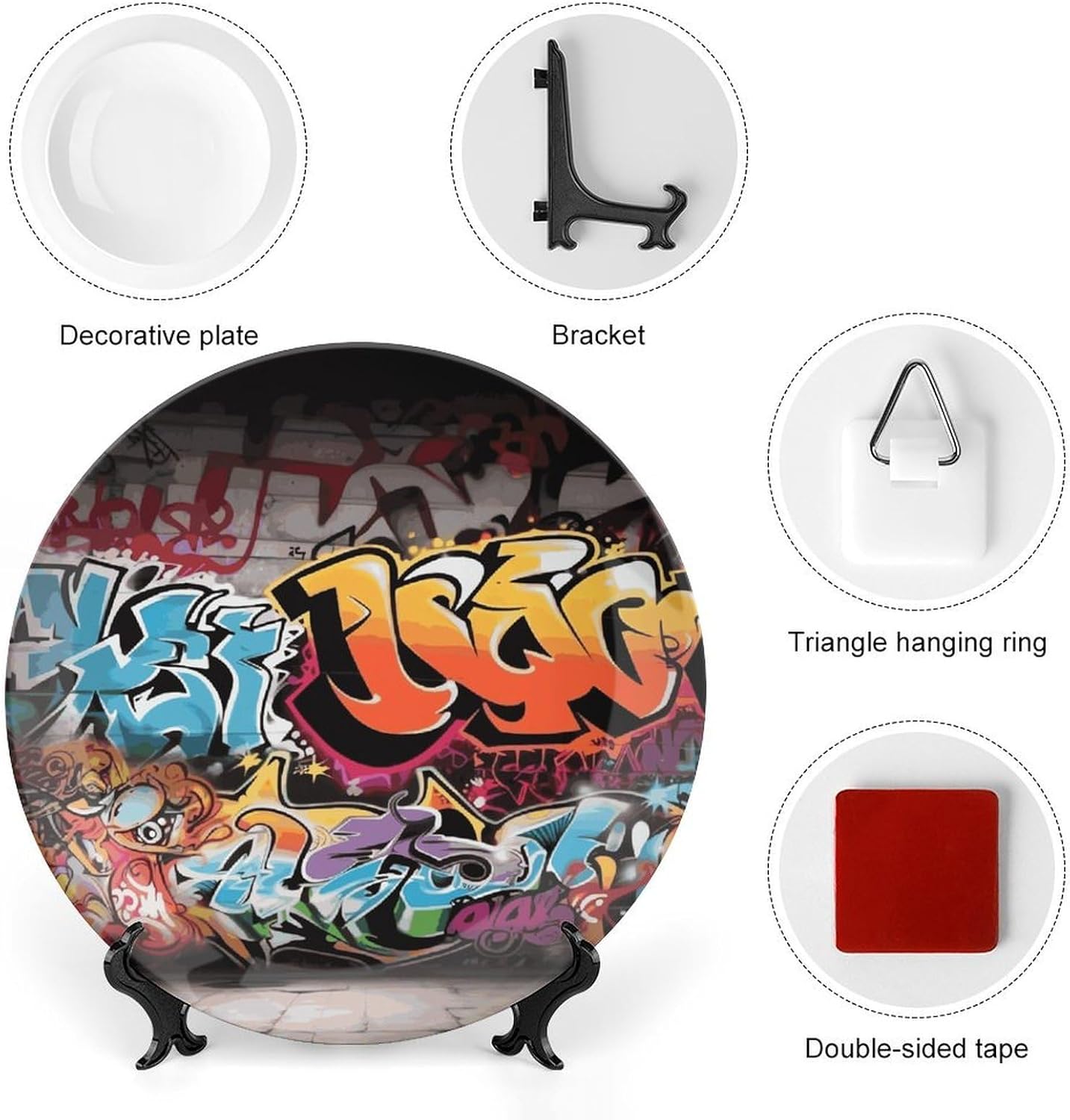 Graffiti Hip Hop Decorative Ceramic Plate Personalized Bone China Decorative Plate Round Porcelain Plates with Display Stand Cabinet Display Plates for Home Decor 10inch