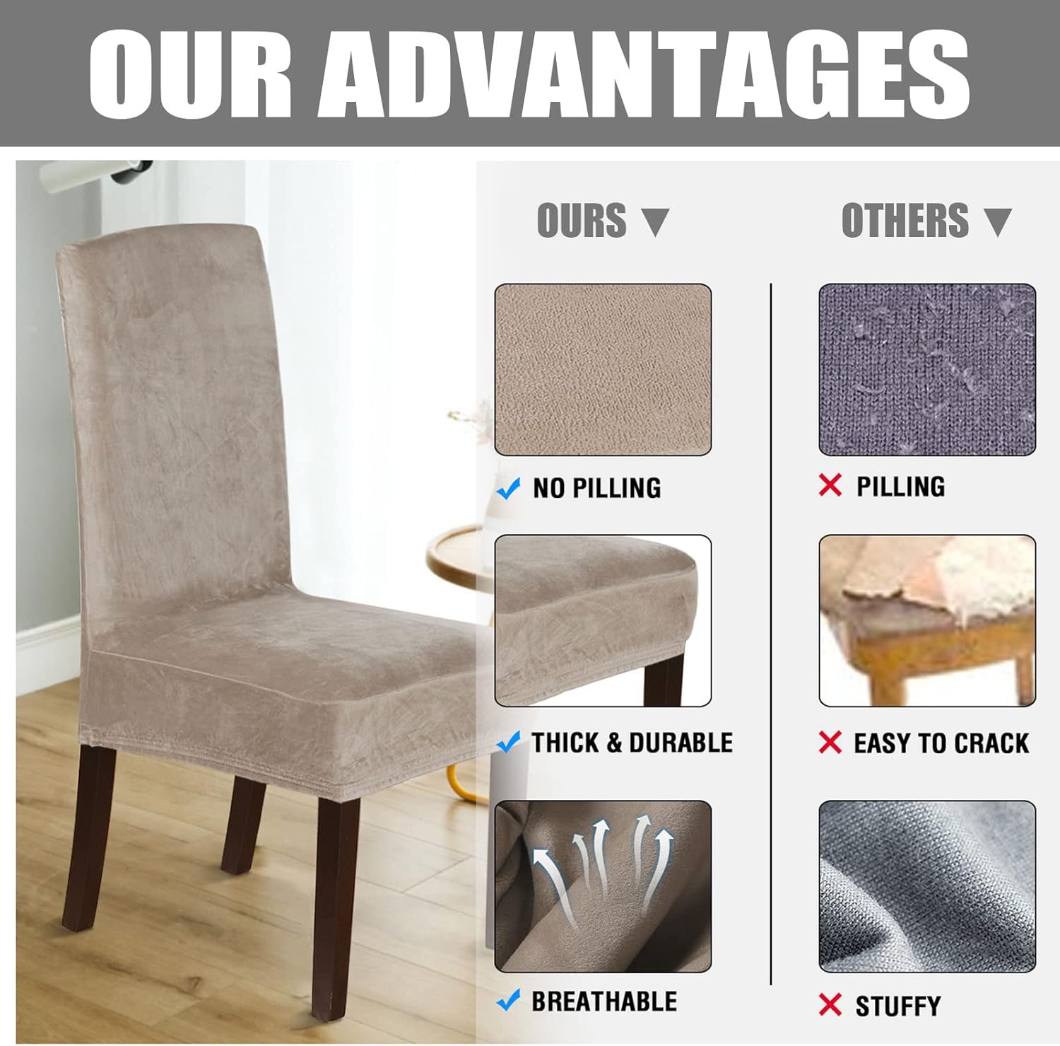 Velvet Dining Chair Covers Set of 4 High Back Chair Protector for Dining Room Soft Stretch Suede Chair Slipcover Removable and Washable Taupe