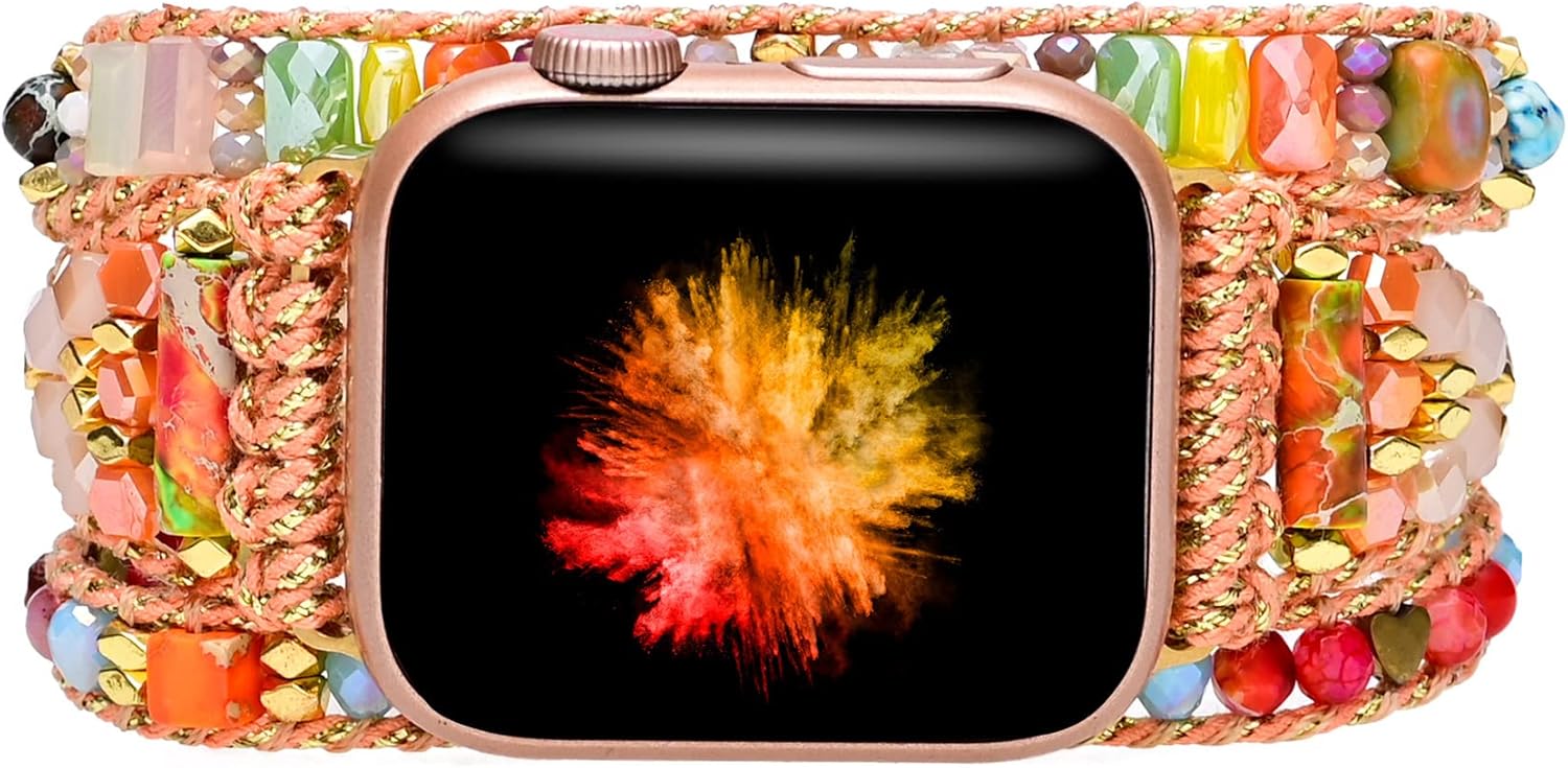Boho Jasper Handmade Watch Band: Bohemian Jasper Natural Energy Stone Smartwatch Bands Compatible with Apple Watch 38mm/40mm/41mm/42mm/44mm/45mm Boho Bracelet Beaded Gemstone Watch Strap for iWatch