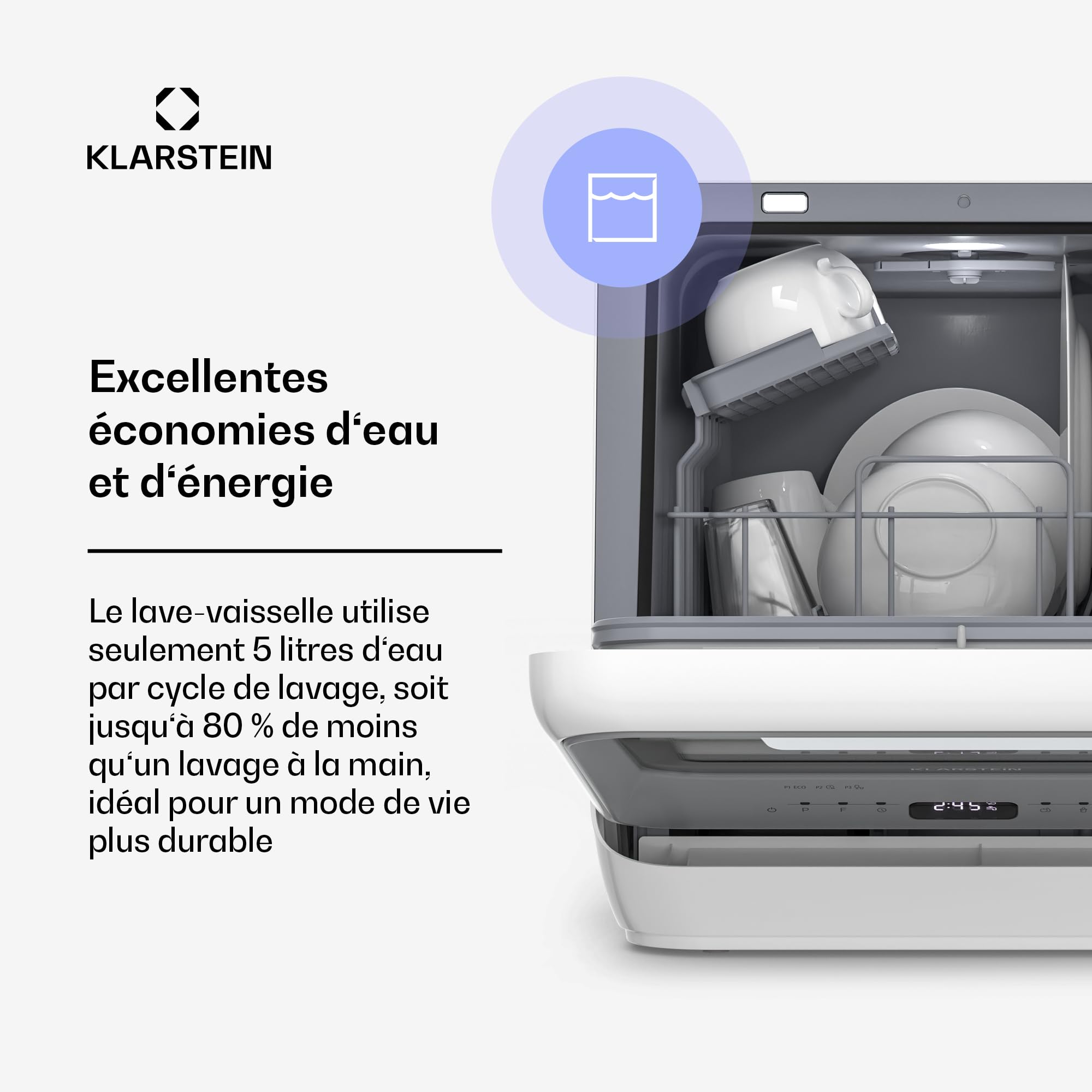 Klarstein Amazonia Mini Lave Vaisselle Compact 7 Programmes 5L Réservoir Raccordement Classe D 58dB Affichage Digital Noir