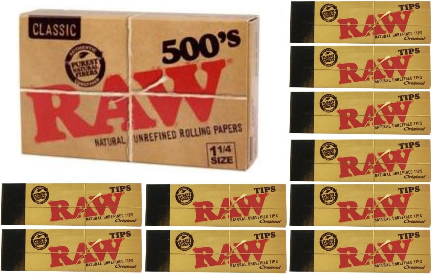 Raw Rolling Papers and Tips Classic Bundle 500 Raw 1 1/4 (79mm
