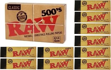 Raw Rolling Papers and Tips Classic Bundle - 500 Raw 1 1/4 79mm Classic Papers and 500 Raw Tips
