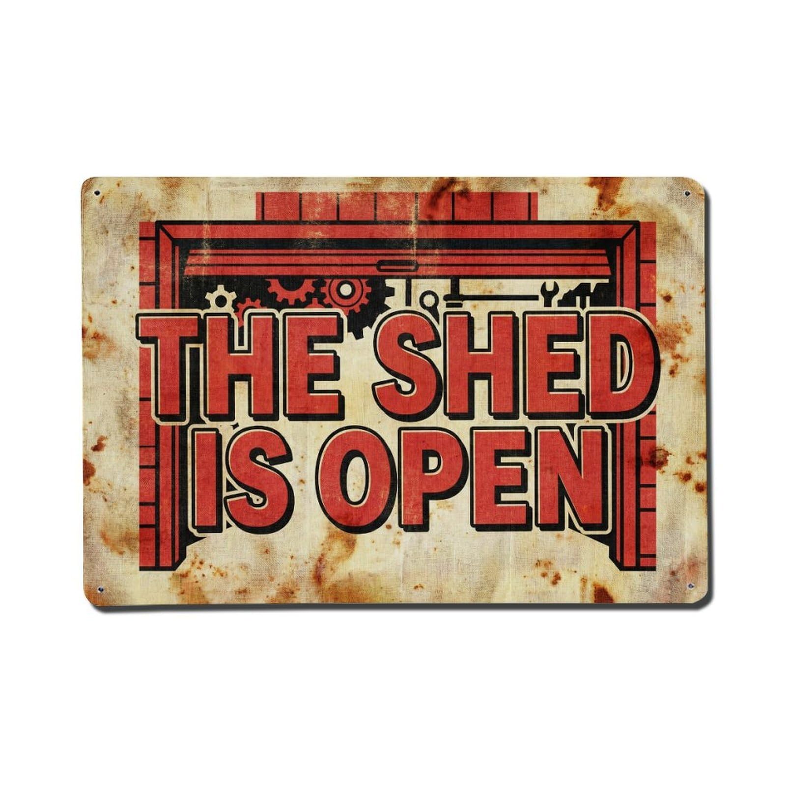 Shed Open Worker Tinker Tools Welcome Workshop Metal Tin Sign Plaque Wall Decor for Cafe, Man Cave, Club Bar, Office, Home Garden Round Metal Poster 8x12Inch