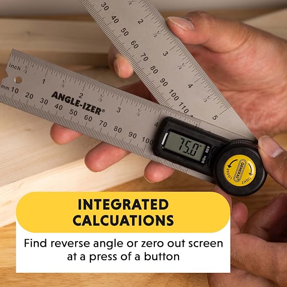 General Tools Digital Angle Finder Ruler #822 - 5 Stainless Steel Woodworking Protractor Tool with Large LCD Display