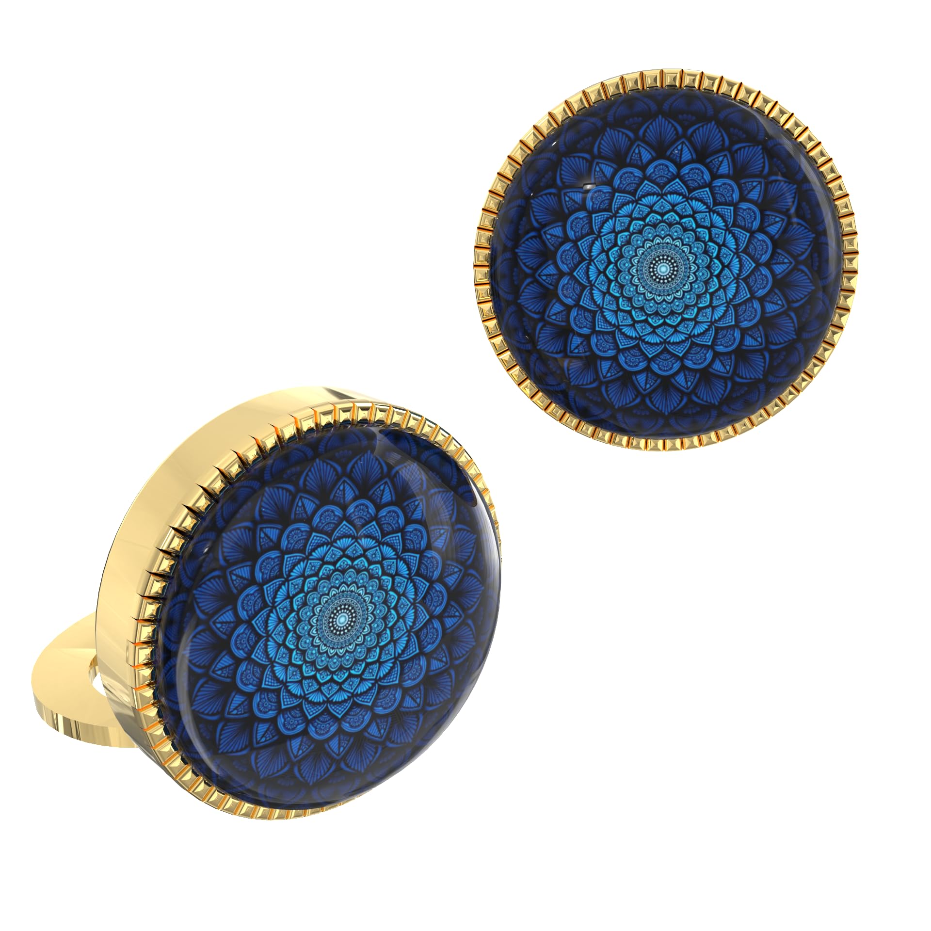 18K Yellow Gold Colour Plated Blue Mandala Button Cover Cufflinks for Men – Calm-Focused Snap-on Shirt Accessory – Ideal Gift for Yoga, Meditation, Weddings & Office Wear-image-39