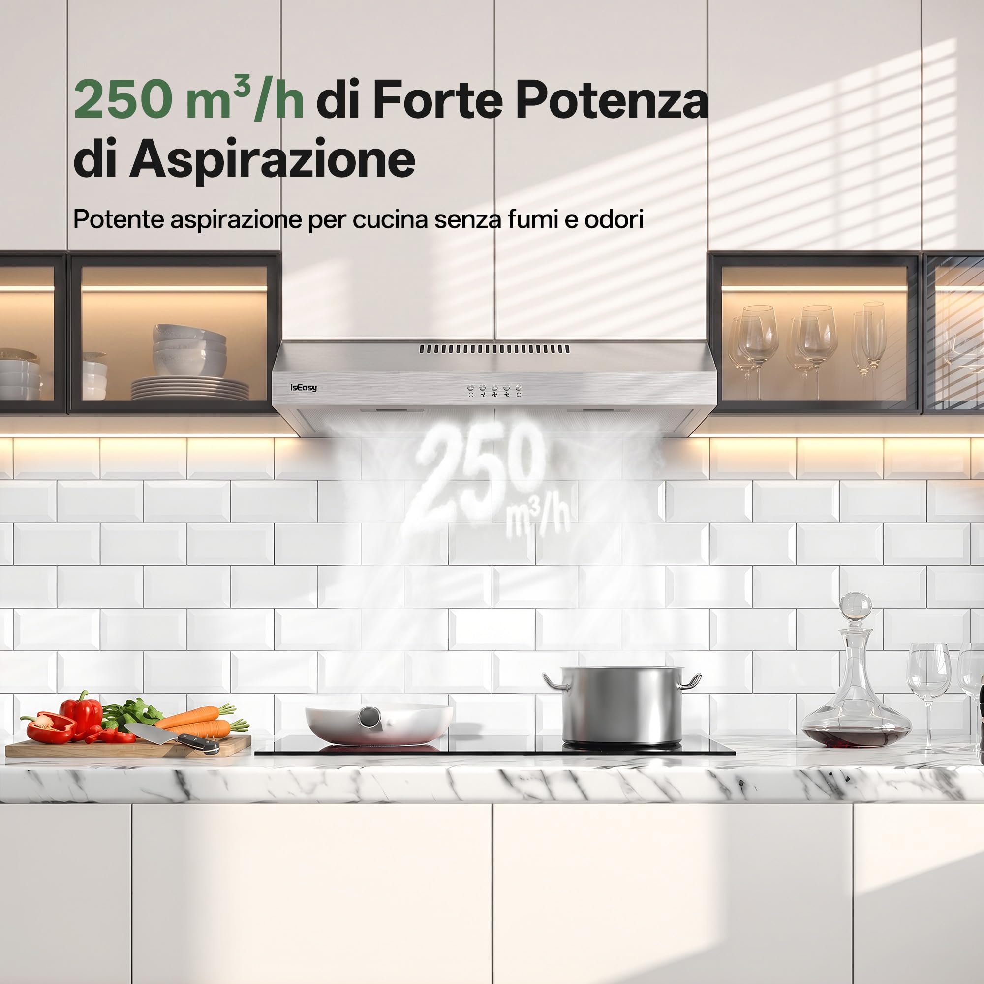 IsEasy Cappa Aspirante Sottopensile 60 cm A++ 250 m³/h, Cappa Integrata per Mobile Sottopensile, 3 Livelli, Ricircolo/Scarico, Lampada LED 2 W, Filtro Carbone X1, 60 dB, Acciaio Inossidabile Argento
